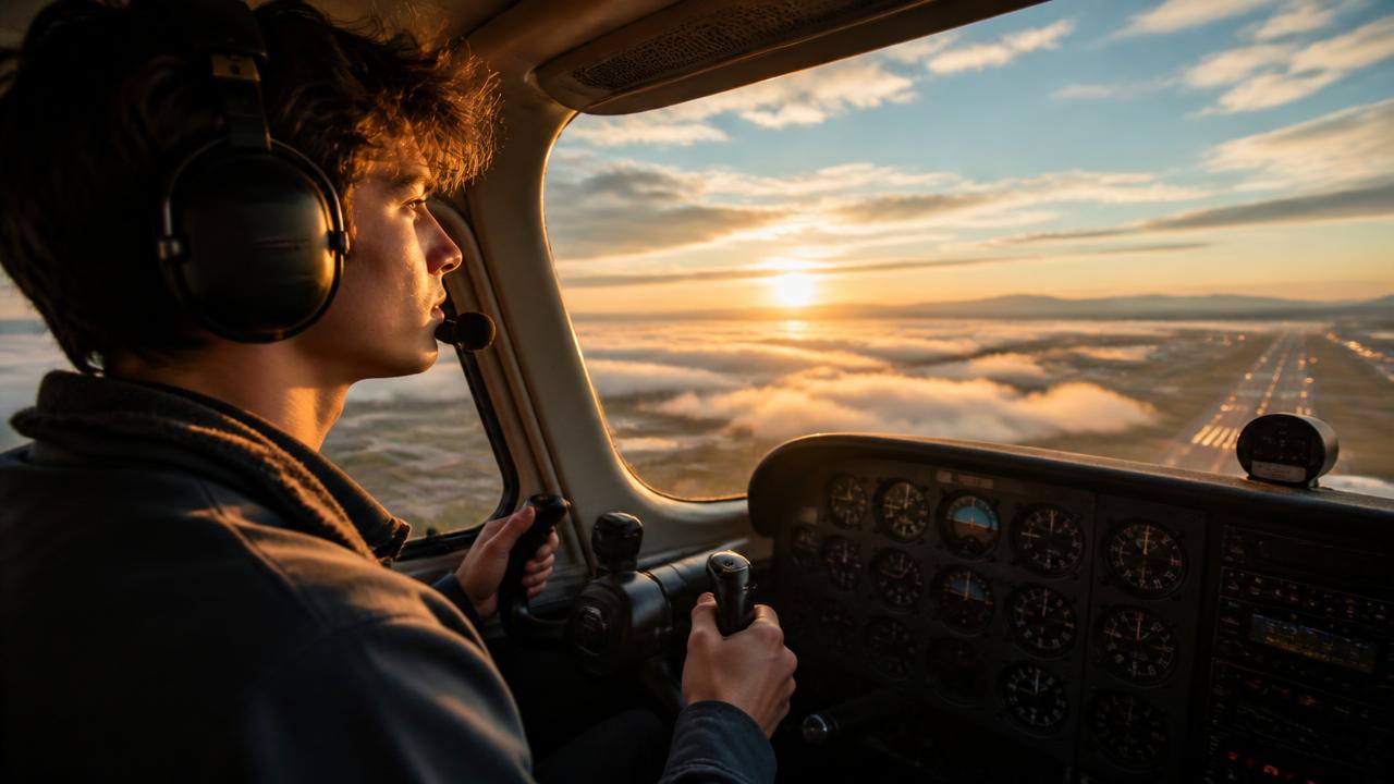 Student pilot at the controls of a Cessna at sunrise — watch the Called to Fly walkthrough